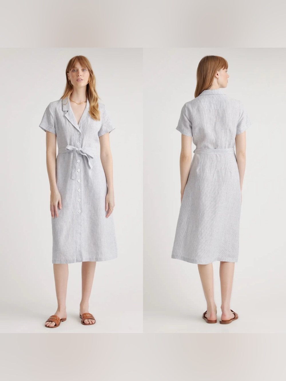 Quince 100% European Linen Button-Front Midi Dress Womens Blue Pinstripe - Small